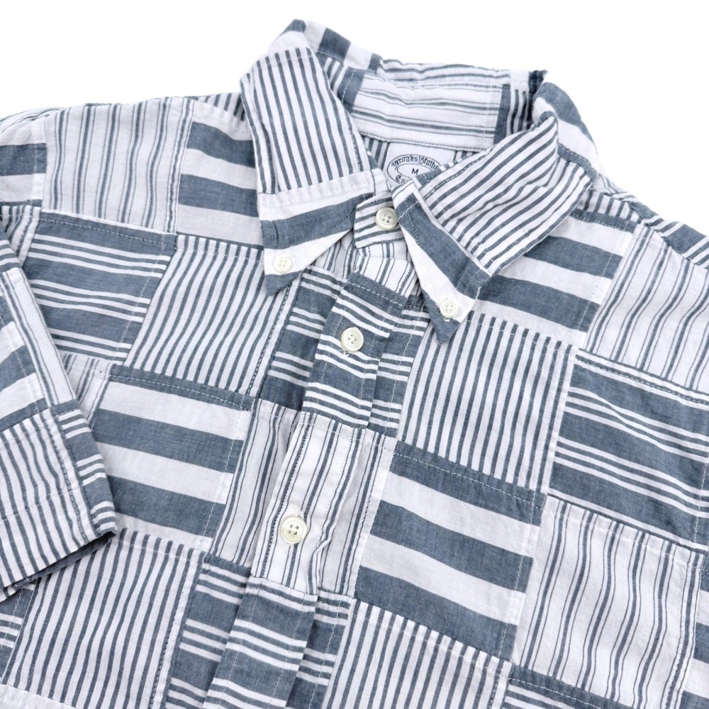 Brooks Brothers Patchwork Shirt Mens M White Grey Stripe Short Sleeve Preppy